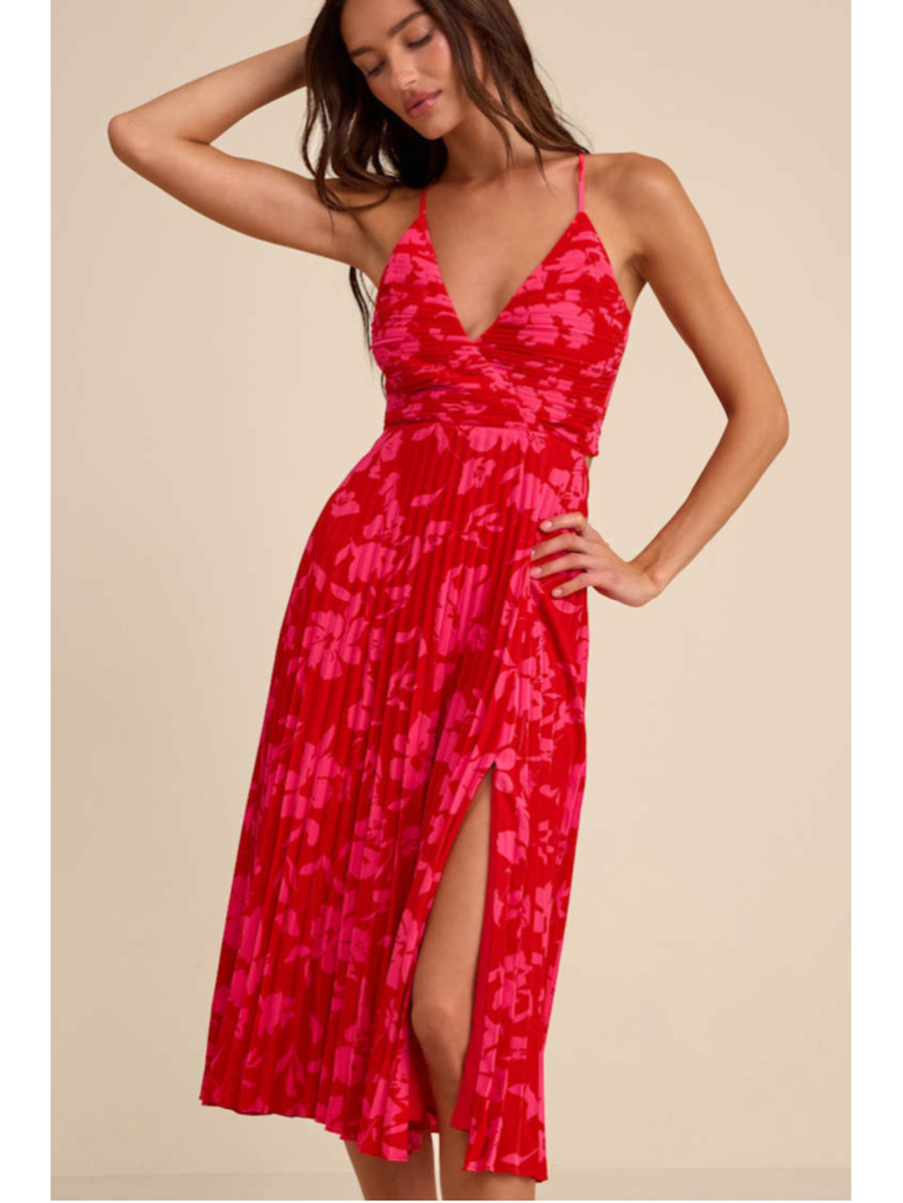 Lulus Vibrant Moment Red and Pink Floral Pleated Lace-Up Midi Dress L